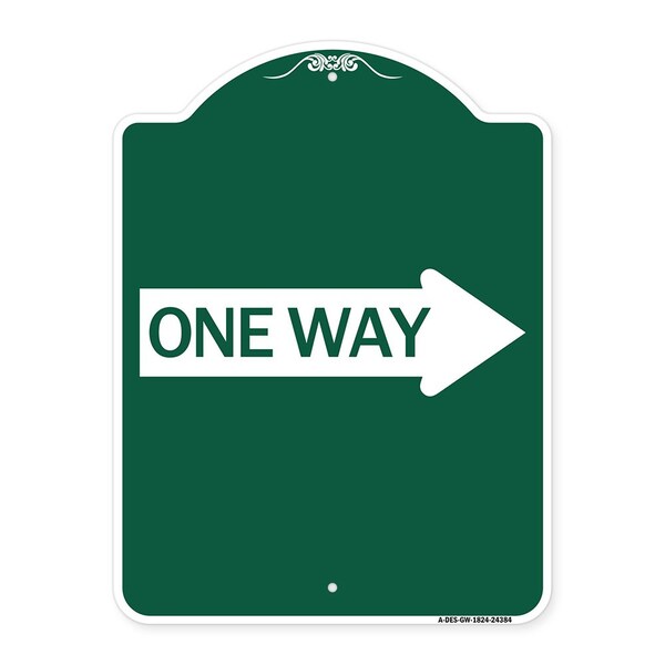 Designer Series One Way W/ Right Arrow, Green & White Aluminum Sign, 18" x 24", GW-1824-24384